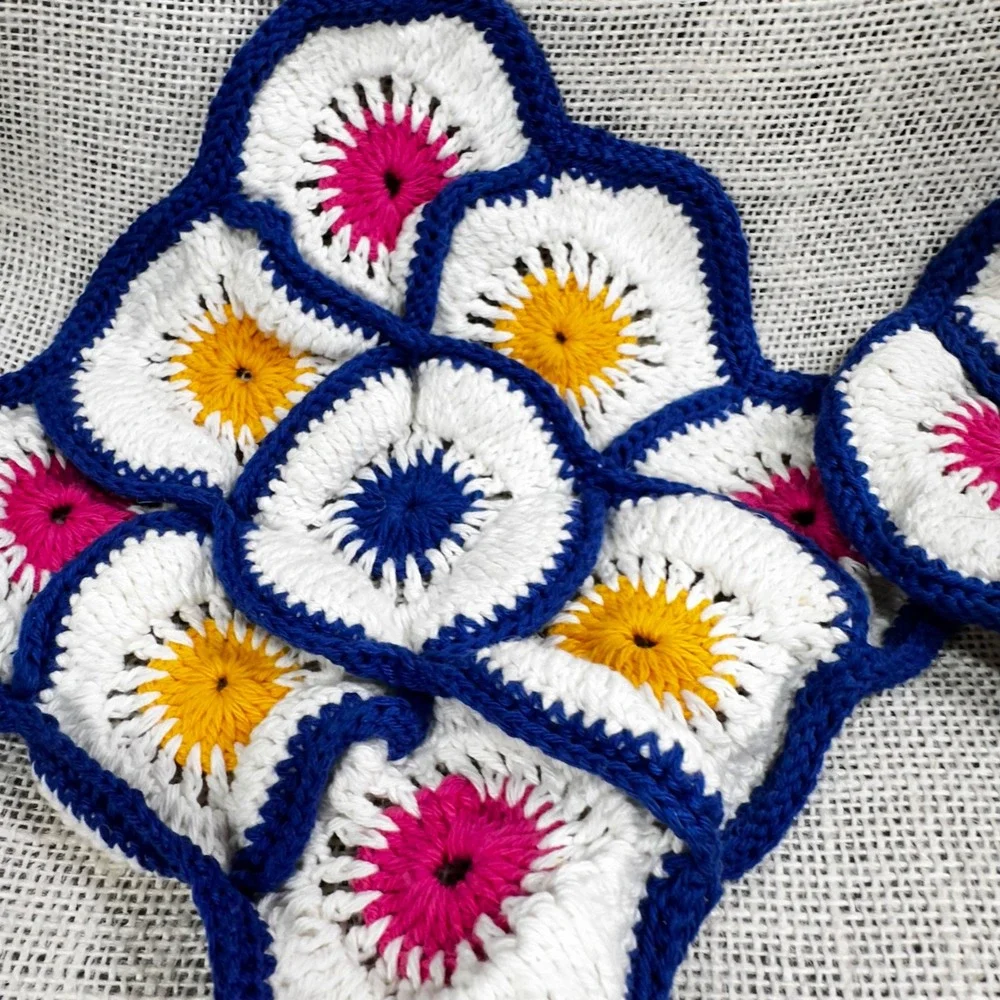 Vintage Handmade Crochet Potholders Set of 2 Floral Medallion Blue Pink White